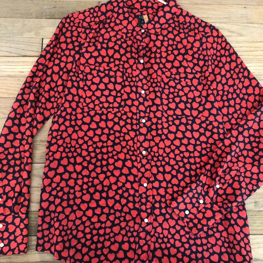 JCREW Navy and Red Heart Print Silk Blouse Size M